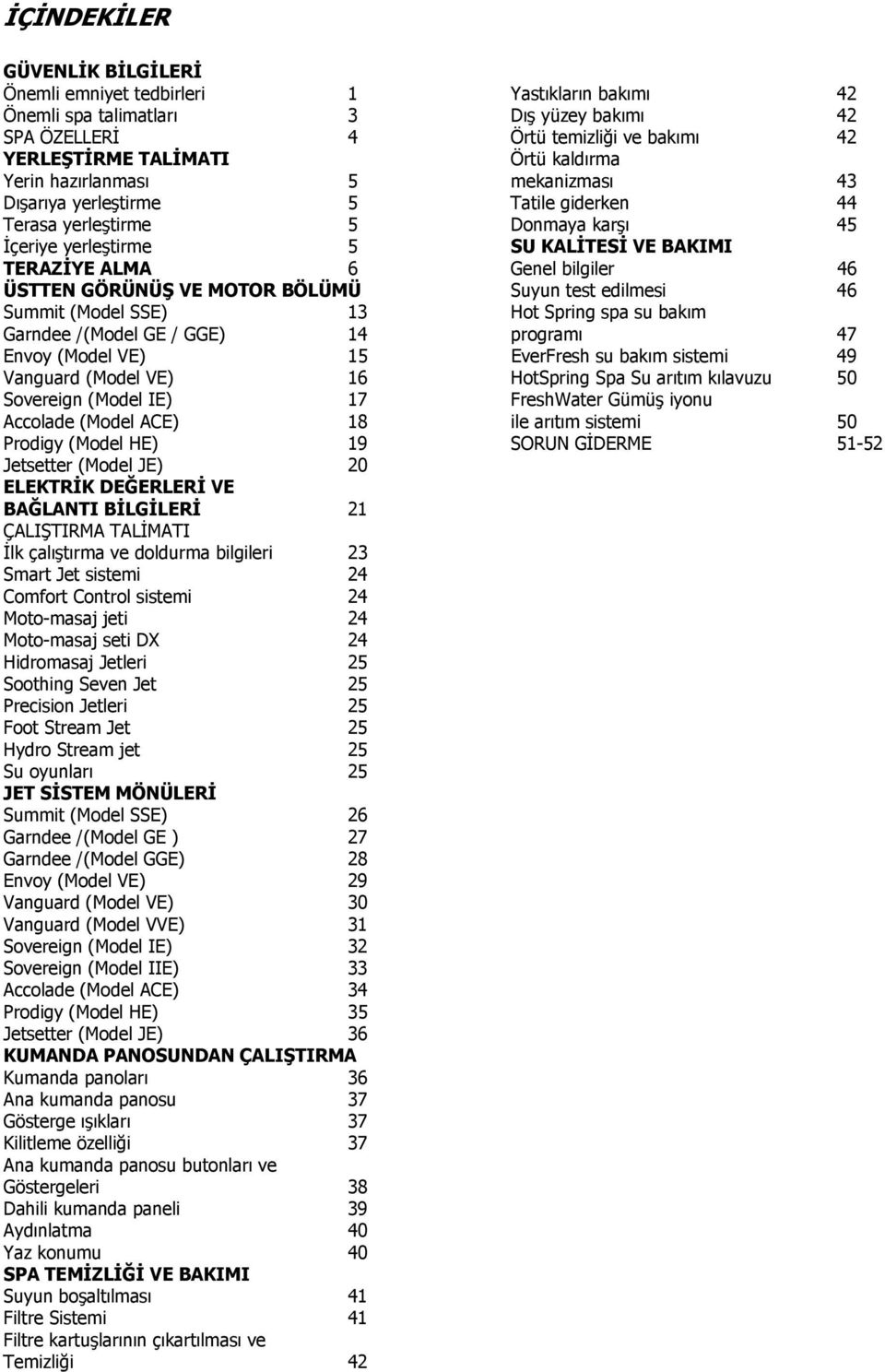 46 ÜSTTEN GÖRÜNÜŞ VE MOTOR BÖLÜMÜ Suyun test edilmesi 46 Summit (Model SSE) 13 Hot Spring spa su bakım Garndee /(Model GE / GGE) 14 programı 47 Envoy (Model VE) 15 EverFresh su bakım sistemi 49