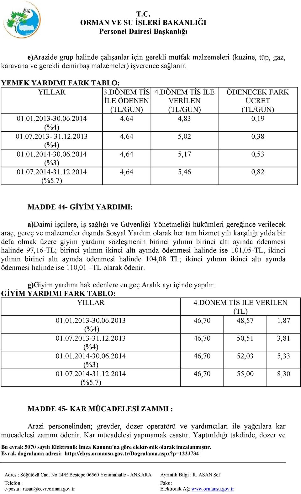 7) 4,64 5,46 0,82 MADDE 44- GİYİM YARDIMI: a)daimi işçilere, iş sağlığı ve Güvenliği Yönetmeliği hükümleri gereğince verilecek araç, gereç ve malzemeler dışında Sosyal Yardım olarak her tam hizmet