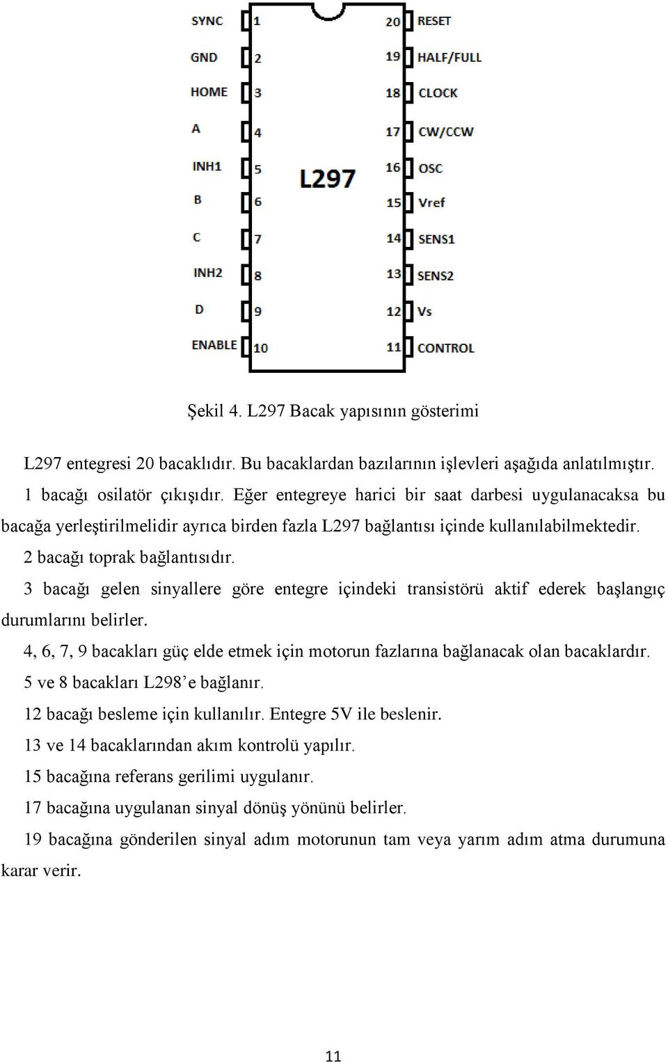 3 bacağı gelen sinyallere göre entegre içindeki transistörü aktif ederek başlangıç durumlarını belirler. 4, 6, 7, 9 bacakları güç elde etmek için motorun fazlarına bağlanacak olan bacaklardır.