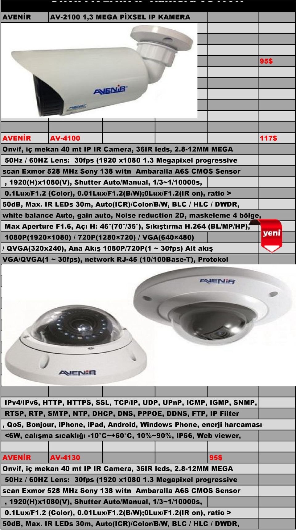 2(IR on), ratio > 50dB, Max. IR LEDs 30m, Auto(ICR)/Color/B/W, BLC / HLC / DWDR, white balance Auto, gain auto, Noise reduction 2D, maskeleme 4 bölge, Max Aperture F1.