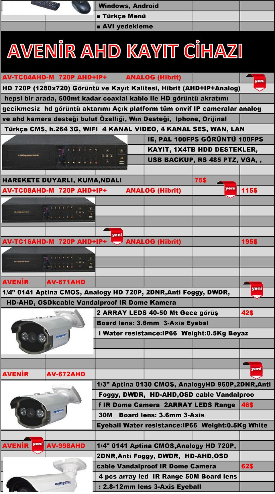 264 3G, WIFI 4 KANAL VIDEO, 4 KANAL SES, WAN, LAN IE, PAL 100FPS GÖRÜNTÜ 100FPS KAYIT, 1X4TB HDD DESTEKLER, USB BACKUP, RS 485 PTZ, VGA,, HAREKETE DUYARLI, KUMA,NDALI 75$ AV-TC08AHD-M 720P AHD+IP+