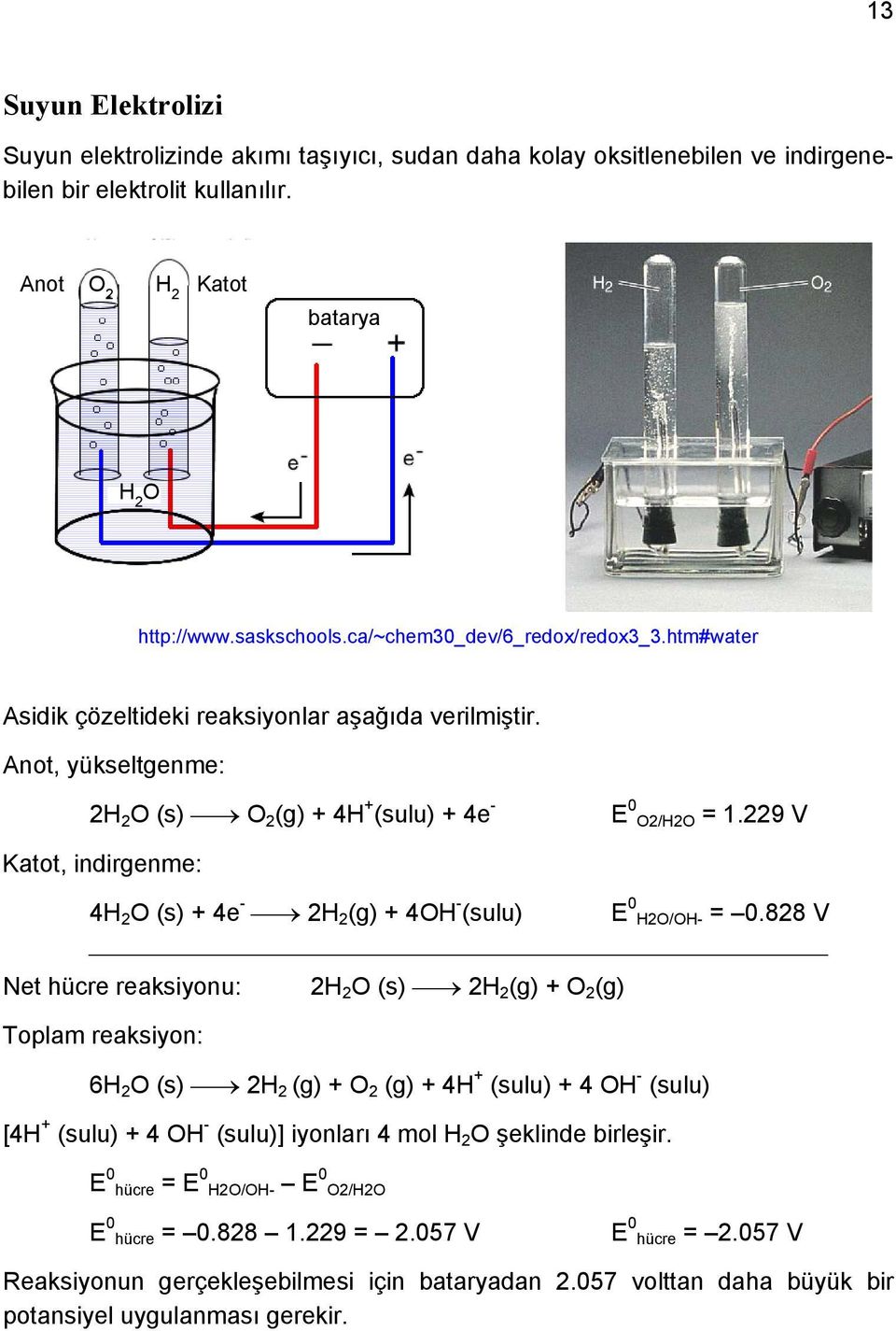 229 V Katot, indirgenme: 4H 2 O (s) + 4 2H 2 (g) + 4OH - (sulu) E 0 H2O/OH- = 0.