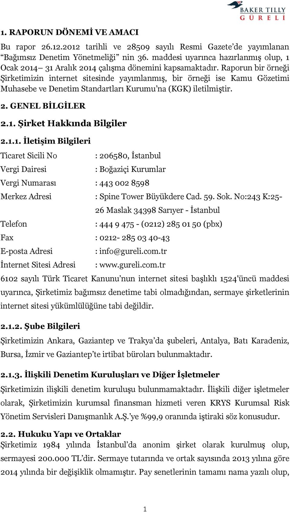 Raporun bir örneği Şirketimizin internet sitesinde yayımlanmış, bir örneği ise Kamu Gözetimi Muhasebe ve Denetim Standartları Kurumu na (KGK) iletilmiştir. 2. GENEL BİLGİLER 2.1.