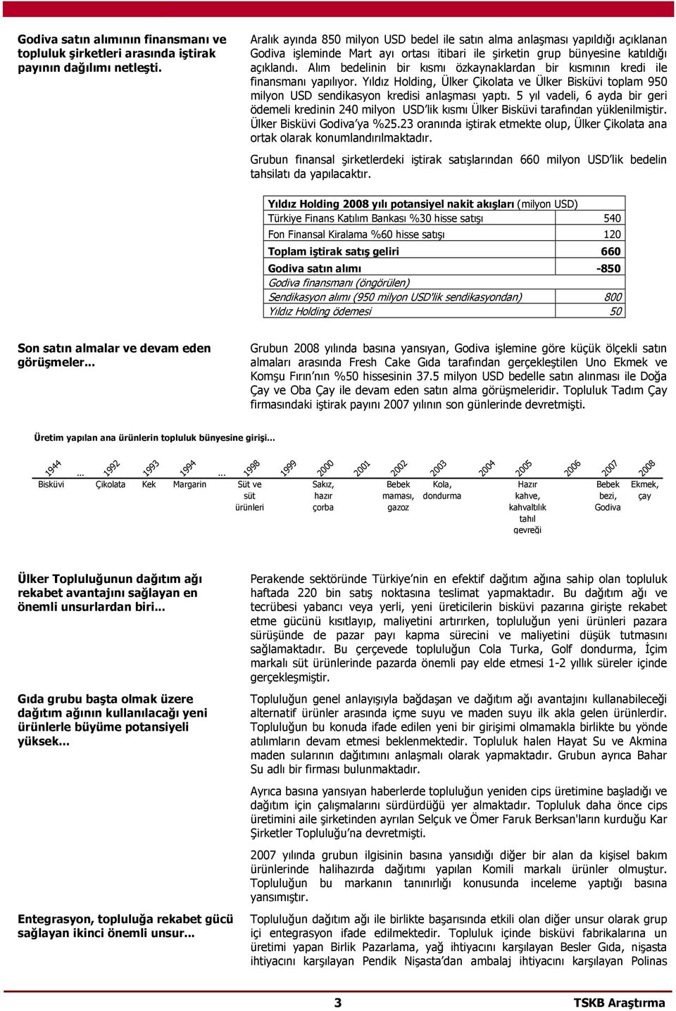 Alõm bedelinin bir kõsmõ özkaynaklardan bir kõsmõnõn kredi ile finansmanõ yapõlõyor. Yõldõz Holding, Ülker Çikolata ve Ülker Bisküvi toplam 950 milyon USD sendikasyon kredisi anlaşmasõ yaptõ.