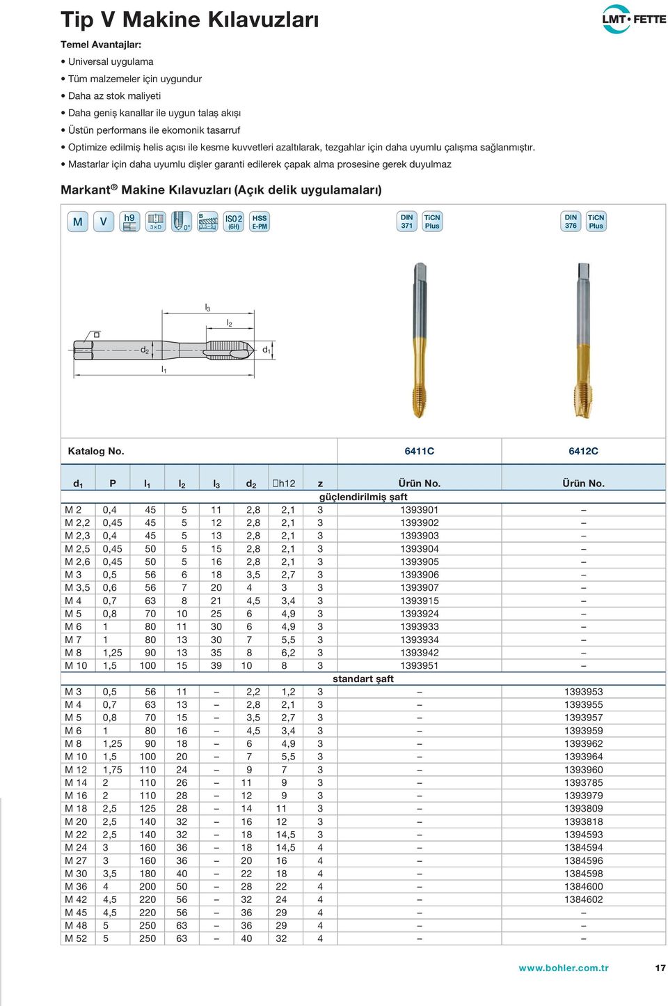 Matarlar için daha uyumlu dișler garanti edilerek çapak alma proeine gerek duyulmaz Markant Makine Kılavuzları (Açık delik uygulamaları) M V h9 3 D 0 B 3,5 5 ISO2 (6H) HSS E-PM DIN 371 TiCN Plu DIN