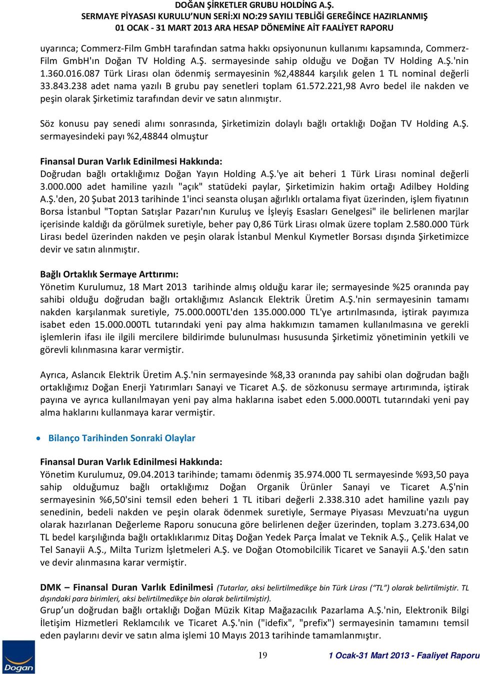 SERMAYE PİYASASI KURULU NUN SERİ:XI NO:29 SAYILI TEBLİĞİ GEREĞİNCE HAZIRLANMIŞ 01 OCAK 31 MART 2013 ARA HESAP DÖNEMİNE AİT FAALİYET RAPORU uyarınca; Commerz Film GmbH tarafından satma hakkı