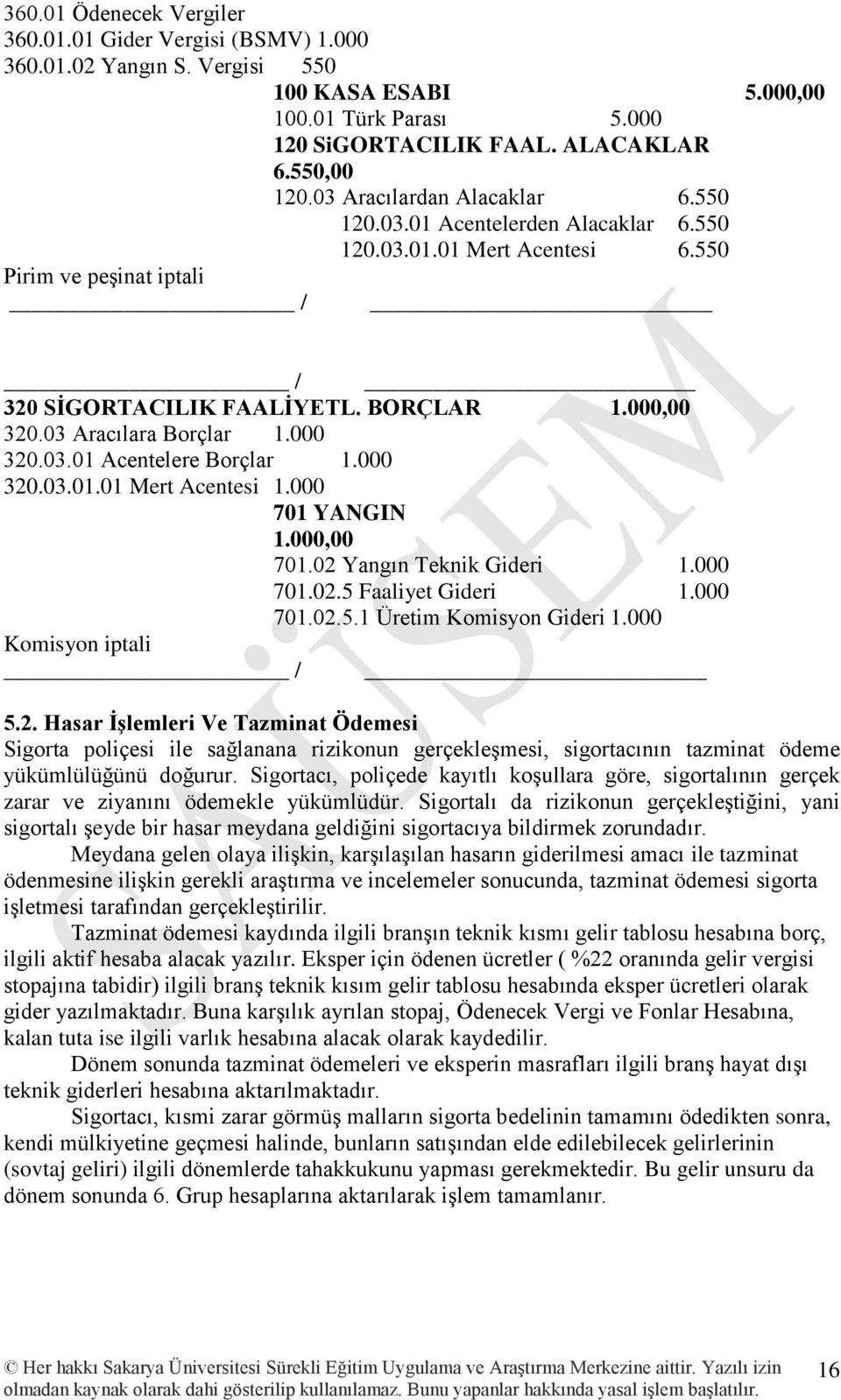 03 Aracılara Borçlar 1.000 320.03.01 Acentelere Borçlar 1.000 320.03.01.01 Mert Acentesi 1.000 701 YANGIN 1.000,00 701.02 Yangın Teknik Gideri 1.000 701.02.5 Faaliyet Gideri 1.000 701.02.5.1 Üretim Komisyon Gideri 1.