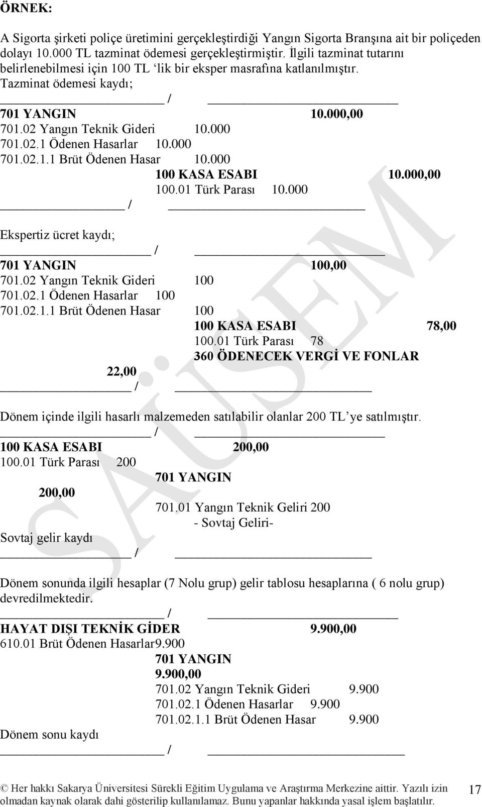 000 701.02.1.1 Brüt Ödenen Hasar 10.000 100 KASA ESABI 10.000,00 100.01 Türk Parası 10.000 / Ekspertiz ücret kaydı; / 701 YANGIN 100,00 701.02 Yangın Teknik Gideri 100 701.02.1 Ödenen Hasarlar 100 701.