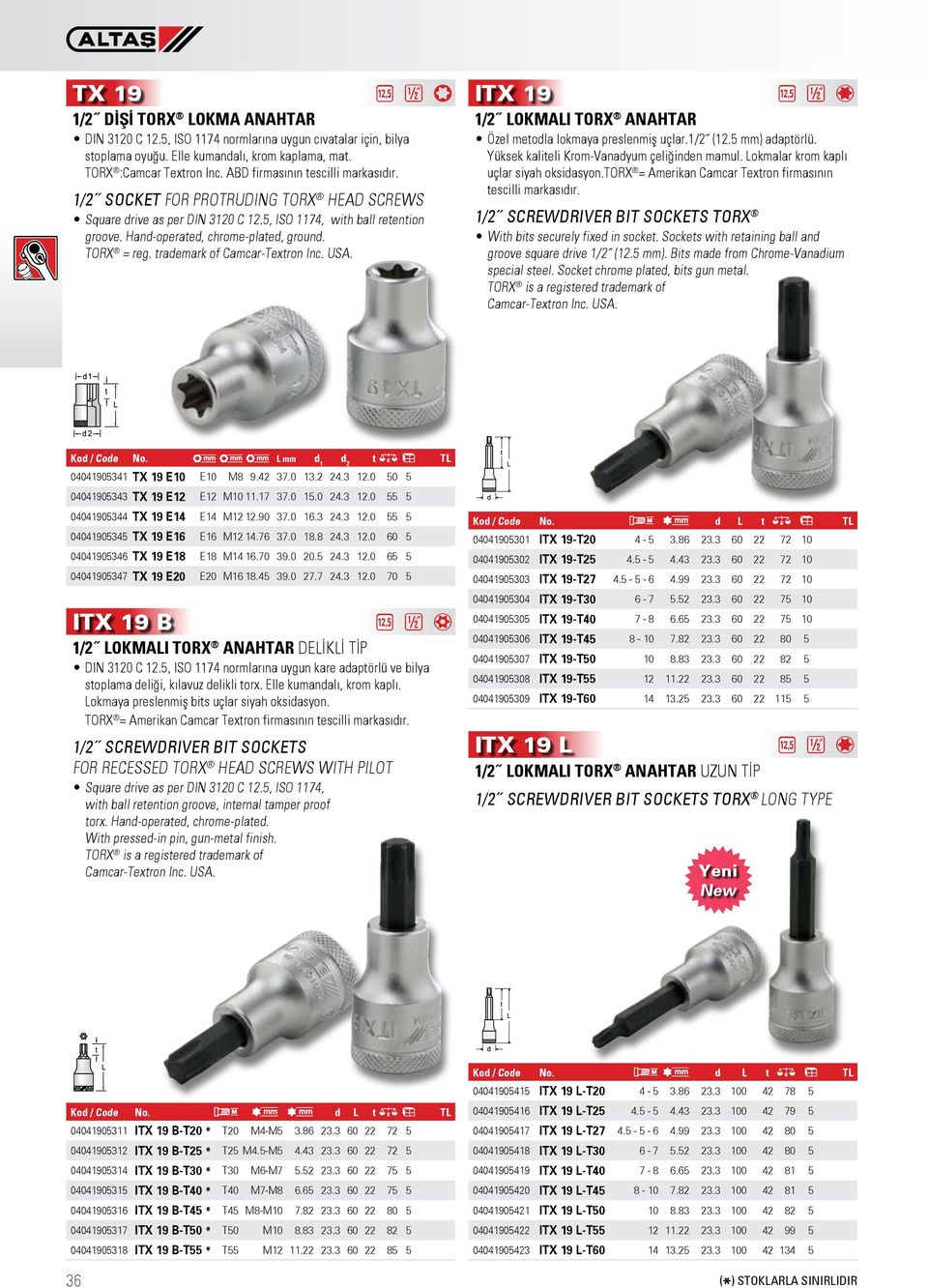 TORX = reg. trademark of Camcar-Textron Inc. USA. 1/2 LOKMALI TORX ANAHTAR Özel metodla lokmaya preslenmiş uçlar.1/2 (12.5 mm) adaptörlü. Yüksek kaliteli Krom-Vanadyum çeliğinden mamul.