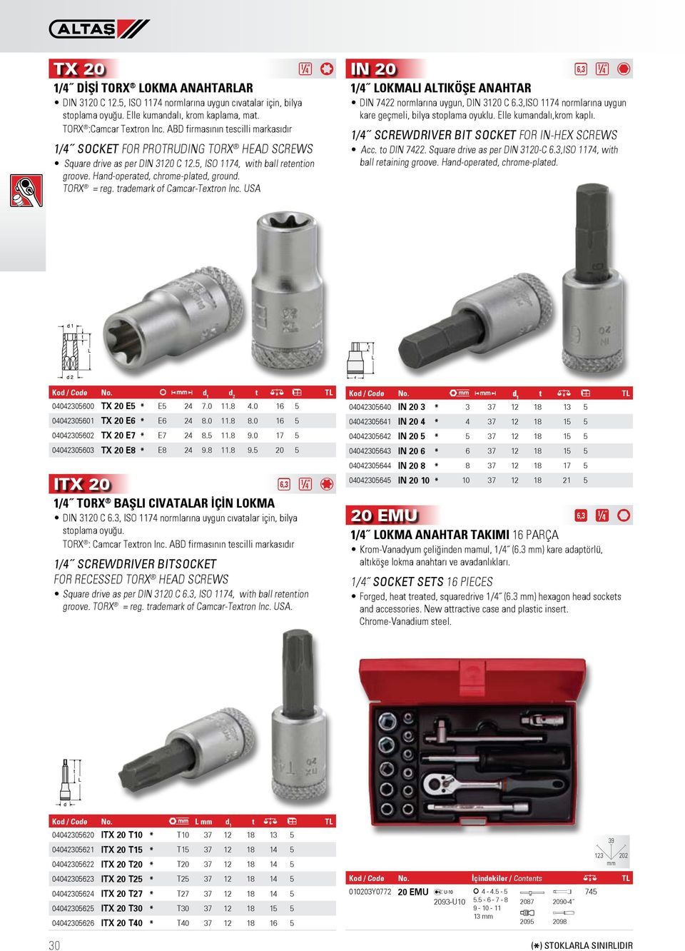 TORX = reg. trademark of Camcar-Textron Inc. USA IN 20 M R 5 1/4 LOKMALI ALTIKÖŞE ANAHTAR DIN 7422 normlarına uygun, DIN 3120 C 6.3,ISO 1174 normlarına uygun kare geçmeli, bilya stoplama oyuklu.