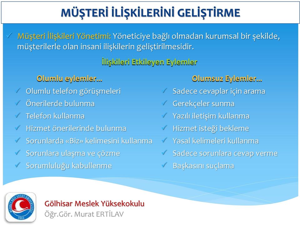 İlişkileri Etkileyen Eylemler Olumlu eylemler Olumlu telefon görüşmeleri Önerilerde bulunma Telefon kullanma Hizmet önerilerinde bulunma