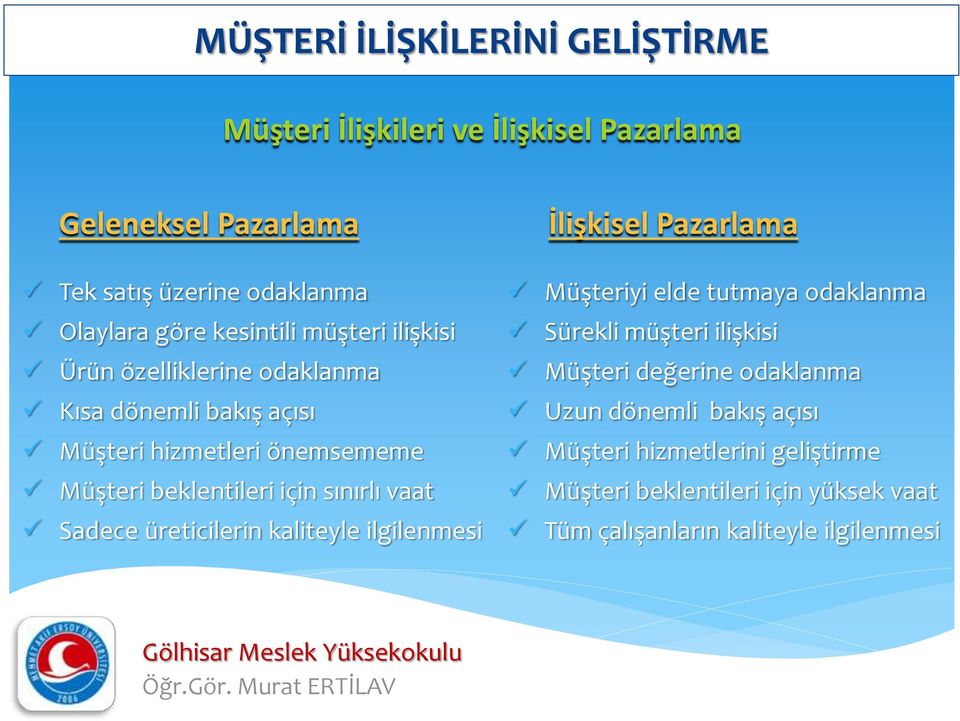 sınırlı vaat Sadece üreticilerin kaliteyle ilgilenmesi İlişkisel Pazarlama Müşteriyi elde tutmaya odaklanma Sürekli müşteri ilişkisi Müşteri