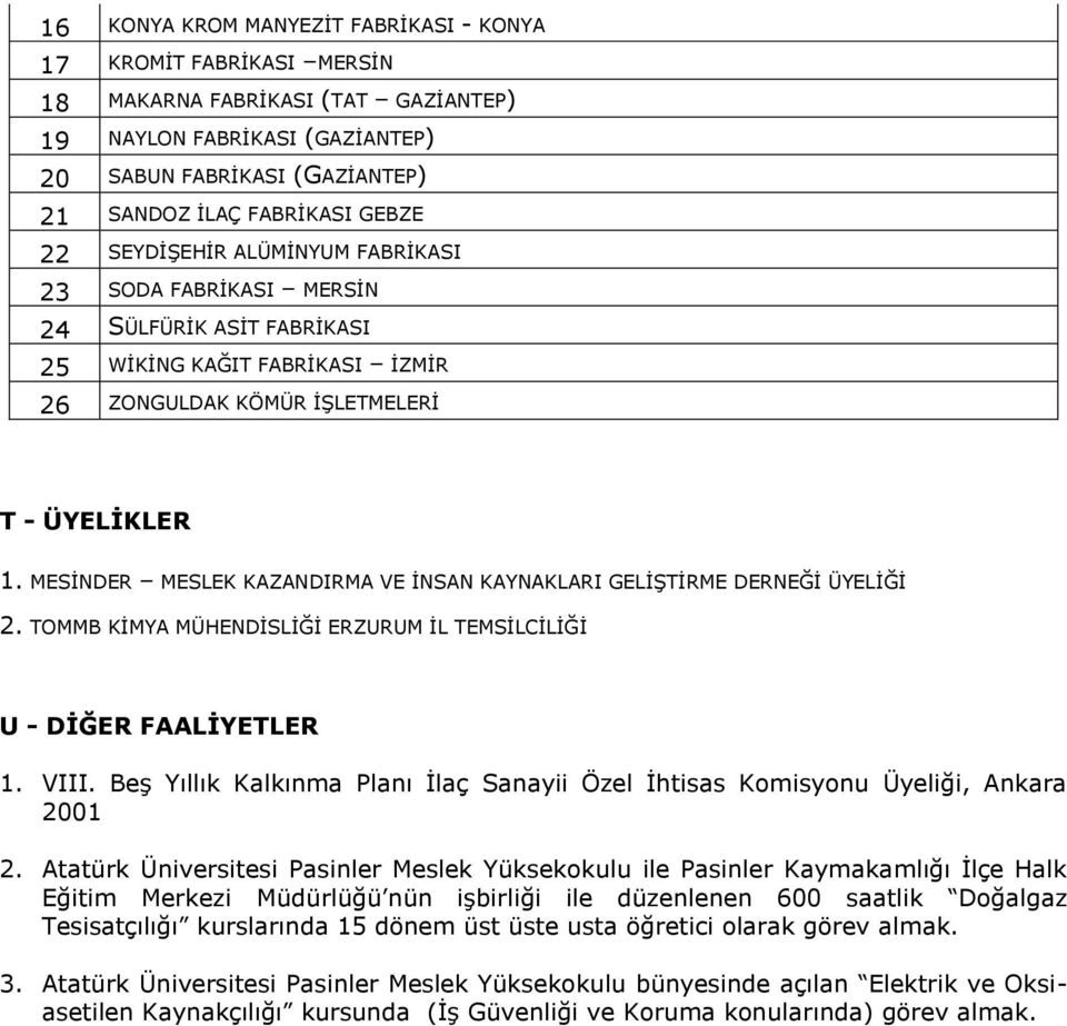 MESİNDER MESLEK KAZANDIRMA VE İNSAN KAYNAKLARI GELİŞTİRME DERNEĞİ ÜYELİĞİ 2. TOMMB KİMYA MÜHENDİSLİĞİ ERZURUM İL TEMSİLCİLİĞİ U - DİĞER FAALİYETLER 1. VIII.