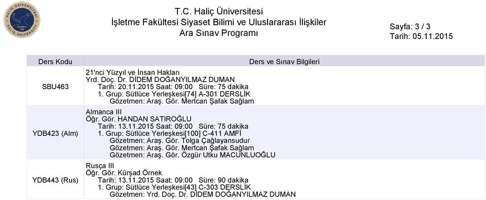 Gör. HANDAN SATIROĞLU Tarih: 13.11.2015 Saat: 09:00 Süre: 75 dakika 1. Grup: Sütlüce Yerleşkesi[100] C-411 AMFİ Rusça III Öğr. Gör.