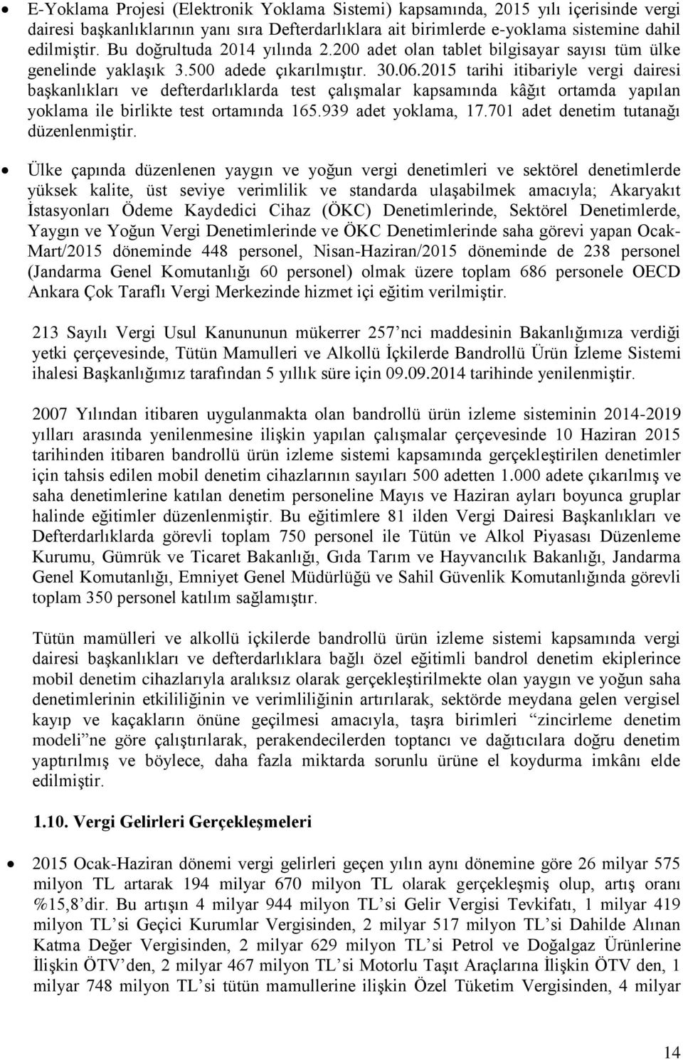 2015 tarihi itibariyle vergi dairesi baģkanlıkları ve defterdarlıklarda test çalıģmalar kapsamında kâğıt ortamda yapılan yoklama ile birlikte test ortamında 165.939 adet yoklama, 17.