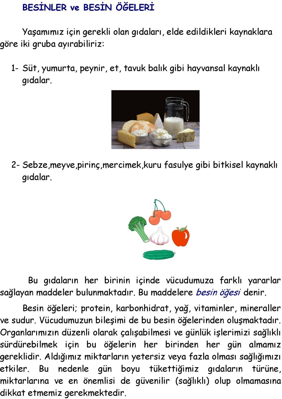 Besin öğeleri; protein, karbonhidrat, yağ, vitaminler, mineraller ve sudur. Vücudumuzun bileşimi de bu besin öğelerinden oluşmaktadır.