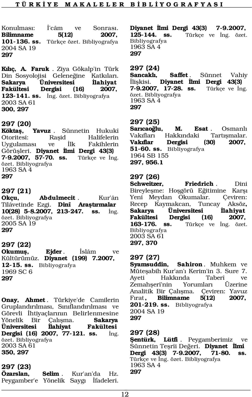 Sünnet Vahiy liflkisi. Diyanet lmi Dergi 43(3) 7-9.2007, 17-28. ss. Türkçe ve ng. özet. 1963 SA 4 297 297 (20) 297 (25) Köktafl, Yavuz. Sünnetin Hukukî Sar cao lu, M. Esat.