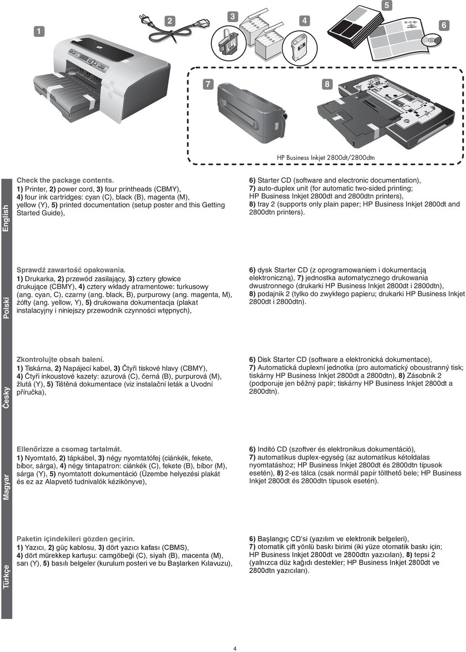 Starter CD (software and electronic documentation), 7) auto-duplex unit (for automatic two-sided printing; HP Business Inkjet 2800dt and 2800dtn printers), 8) tray 2 (supports only plain paper; HP