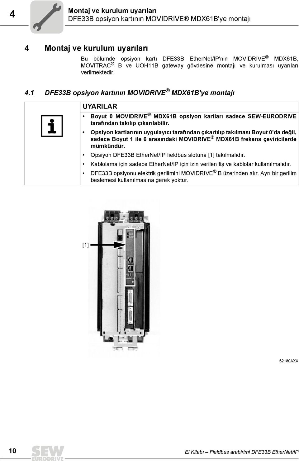 1 DFE33B opsiyon kartının MOVIDRIVE MDX61B'ye montajı UYARILAR Boyut 0 MOVIDRIVE MDX61B opsiyon kartları sadece SEW-EURODRIVE tarafından takılıp çıkarılabilir.