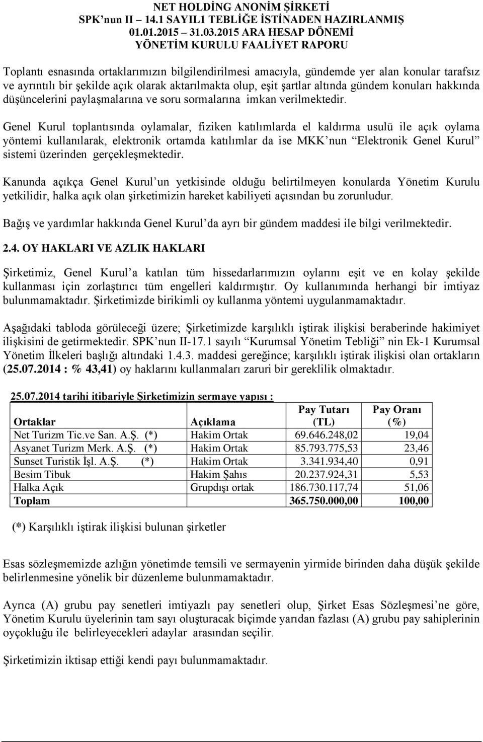 Genel Kurul toplantısında oylamalar, fiziken katılımlarda el kaldırma usulü ile açık oylama yöntemi kullanılarak, elektronik ortamda katılımlar da ise MKK nun Elektronik Genel Kurul sistemi üzerinden