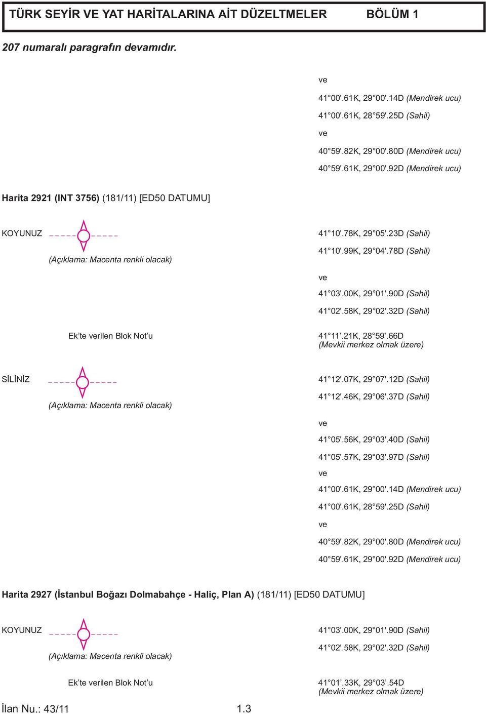 78D (Sahil) ve 41 03'.00K, 29 01'.90D (Sahil) 41 02'.58K, 29 02'.32D (Sahil) Ek te verilen Blok Not u 41 11.21K, 28 59.66D (Mevkii merkez olmak üzere) SİLİNİZ 41 12'.07K, 29 07'.