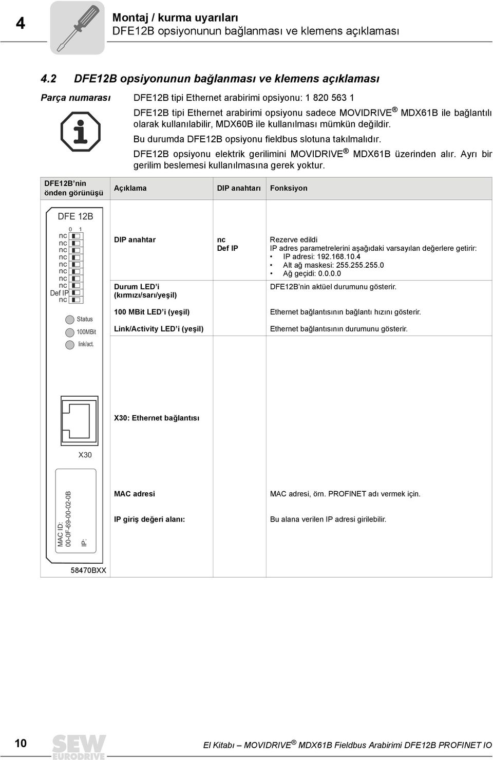 bağlantılı olarak kullanılabilir, MDX60B ile kullanılması mümkün değildir. Bu durumda DFE12B opsiyonu fieldbus slotuna takılmalıdır.