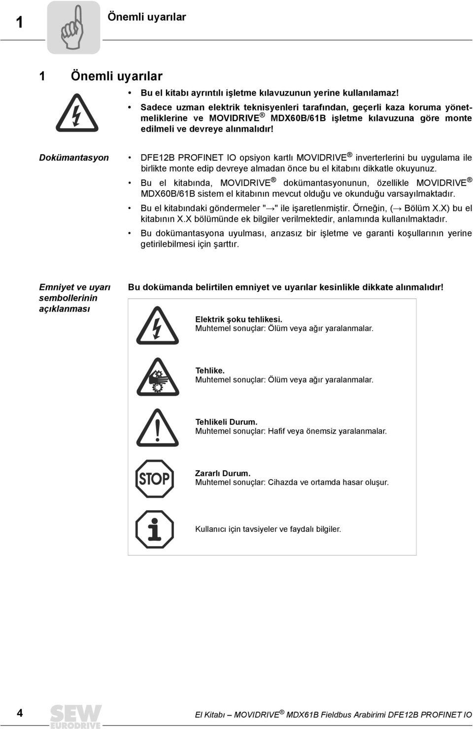 Dokümantasyon DFE12B PROFINET IO opsiyon kartlı MOVIDRIVE inverterlerini bu uygulama ile birlikte monte edip devreye almadan önce bu el kitabını dikkatle okuyunuz.