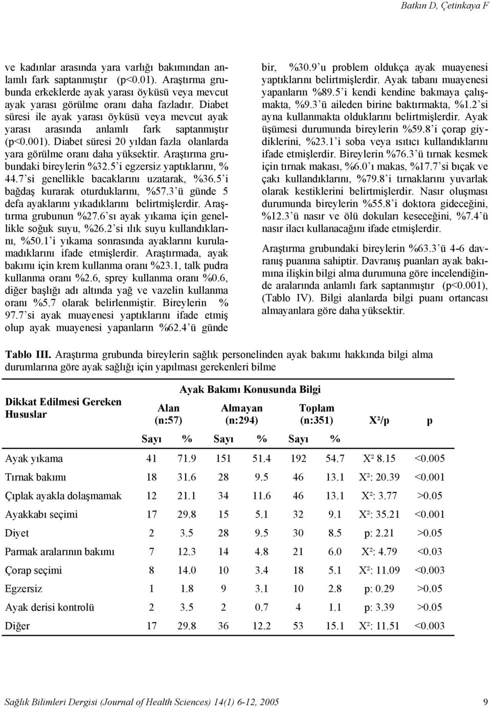 Diabet süresi ile ayak yarası öyküsü veya mevcut ayak yarası arasında anlamlı fark saptanmıştır (p<0.001). Diabet süresi 20 yıldan fazla olanlarda yara görülme oranı daha yüksektir.