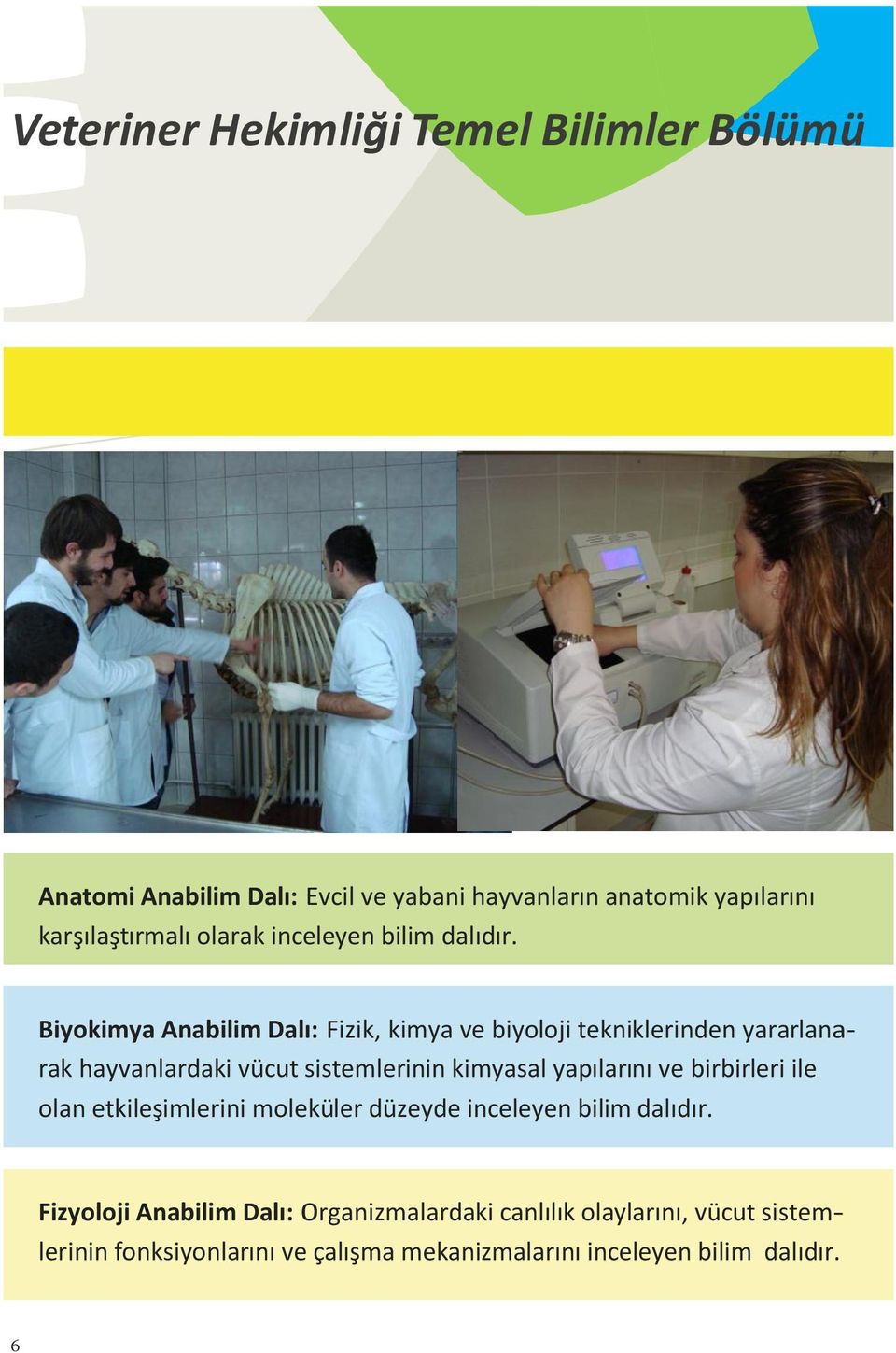 Biyokimya Anabilim Dalı: Fizik, kimya ve biyoloji tekniklerinden yararlana- rak hayvanlardaki vücut sistemlerinin kimyasal