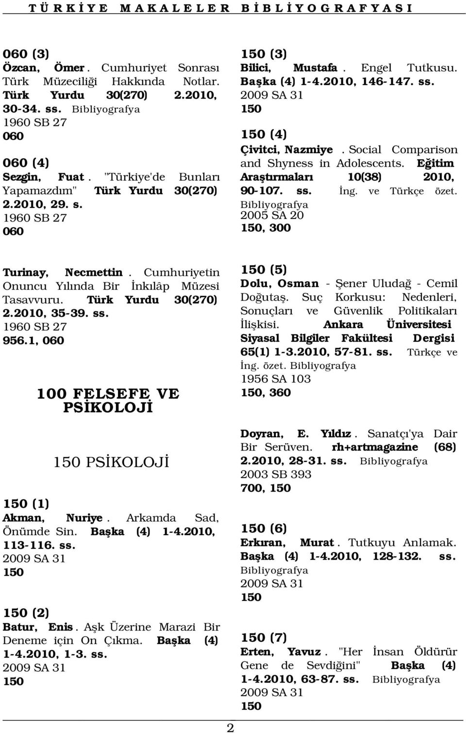 Social Comparison and Shyness in Adolescents. E itim Araflt rmalar 10(38) 2010, 90-107. ss. ng. ve Türkçe özet. Turinay, Necmettin. Cumhuriyetin Onuncu Y l nda Bir nk lâp Müzesi Tasavvuru.