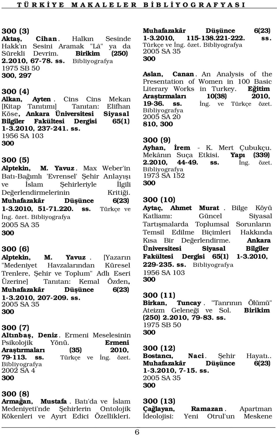 Cins Cins Mekan Araflt rmalar 10(38) 2010, [Kitap Tan t m ] Tan tan: Elifhan 19-36. ss. ng. ve Türkçe özet. Köse, Ankara Üniversitesi Siyasal Bilgiler Fakültesi Dergisi 65(1) 1-3.2010, 237-241. ss. 1956 SA 103 300 300 (5) Alptekin, M.