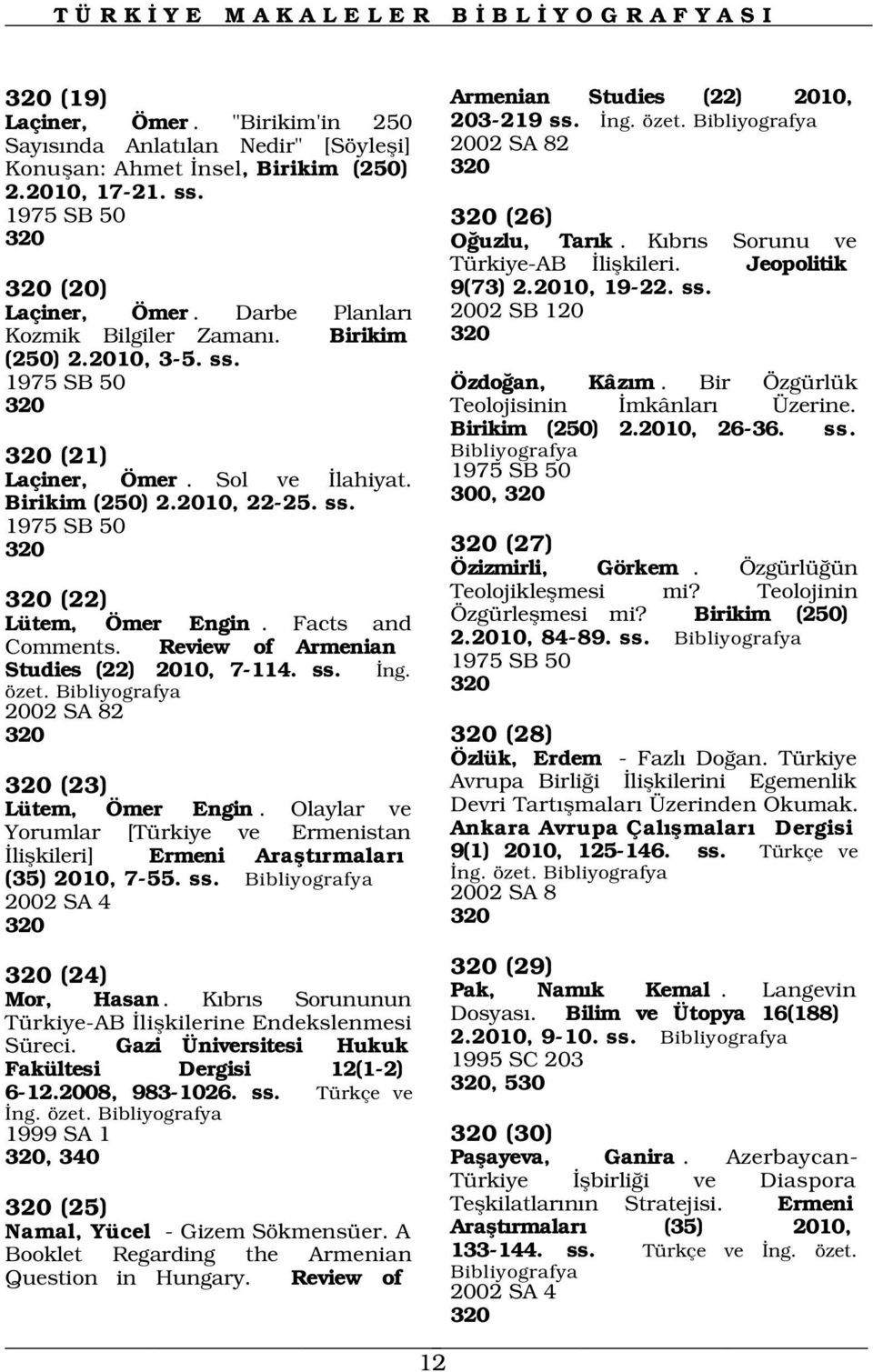 Bir Özgürlük 320 Teolojisinin mkânlar Üzerine. Birikim (250) 2.2010, 26-36. ss. 320 (21) Laçiner, Ömer. Sol ve lahiyat. 1975 SB 50 Birikim (250) 2.2010, 22-25. ss. 300, 320 1975 SB 50 320 320 (27) Özizmirli, Görkem.