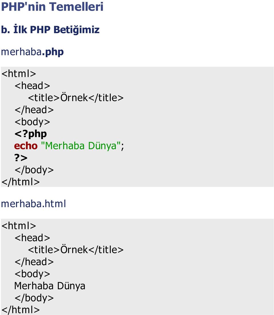 php echo "Merhaba Dünya";?> </body> </html> merhaba.