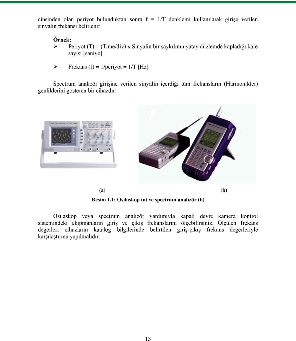 sinyalin içerdiği tüm frekansların (Harmonikler) genliklerini gösteren bir cihazdır. (a) Resim 1.