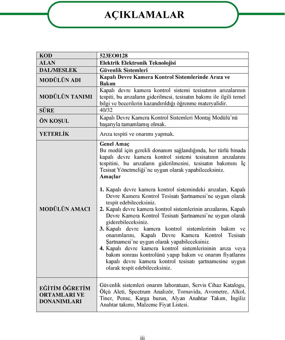 SÜRE 40/32 ÖN KOġUL Kapalı Devre Kamera Kontrol Sistemleri Montaj Modülü nü baģarıyla tamamlamıģ olmak. YETERLĠK AÇIKLAMALAR Arıza tespiti ve onarımı yapmak.