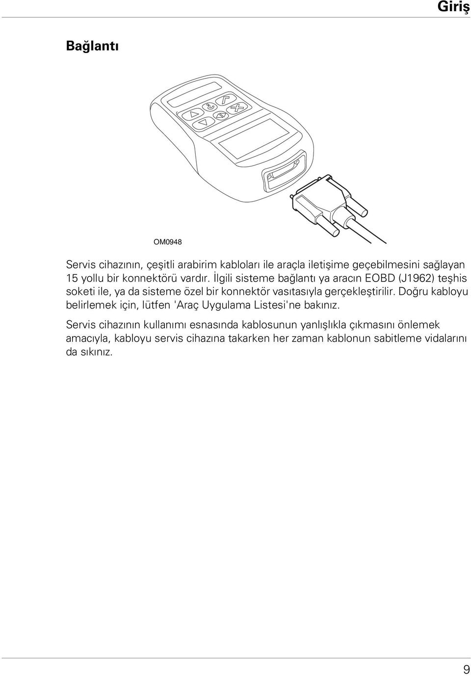 İlgili sisteme bağlantı ya aracın EOBD (J1962) teşhis soketi ile, ya da sisteme özel bir konnektör vasıtasıyla gerçekleştirilir.