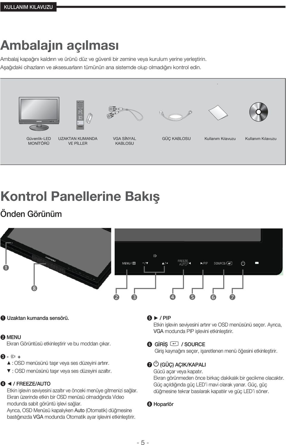 Görünüm 1 Uzaktan kumanda sensörü 2 MENU Ekran Görüntüsü etkinleştirir ve bu moddan çıkar 3 - + : OSD menüsünü taşır veya ses düzeyini artırır : OSD menüsünü taşır veya ses düzeyini azaltır 4 /