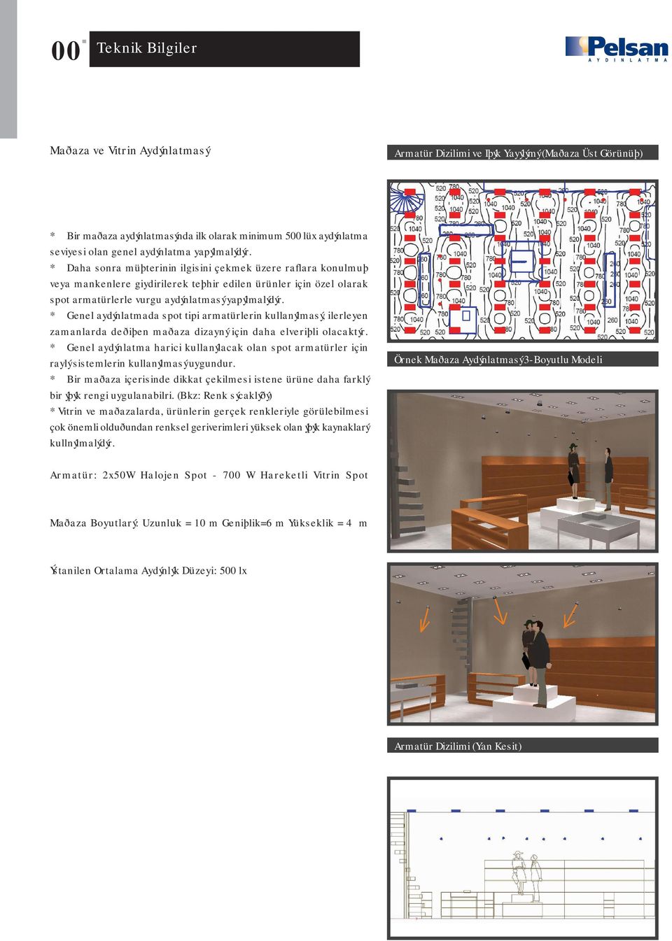 * Daha sonra müþterinin ilgisini çekmek üzere raflara konulmuþ veya mankenlere giydirilerek teþhir edilen ürünler için özel olarak spot armatürlerle vurgu aydýnlatmasý yapýlmalýdýr.