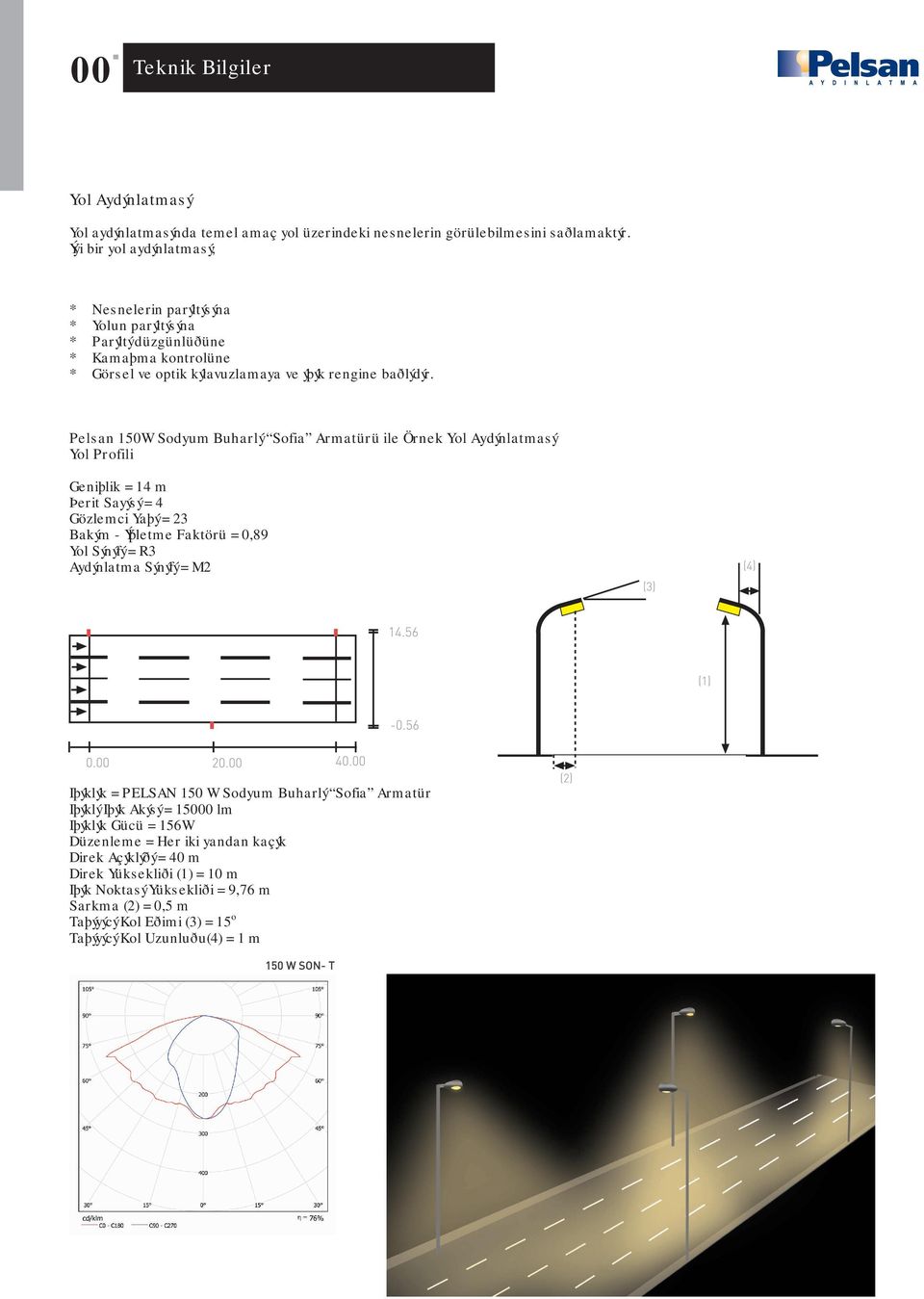 Pelsan 150W Sodyum Buharlý Sofia Armatürü ile Örnek Yol Aydýnlatmasý Yol Profili Geniþlik = 14 m Þerit Sayýsý = 4 Gözlemci Yaþý = 23 Bakým - Ýþletme Faktörü = 0,89 Yol Sýnýfý = R3 Aydýnlatma Sýnýfý