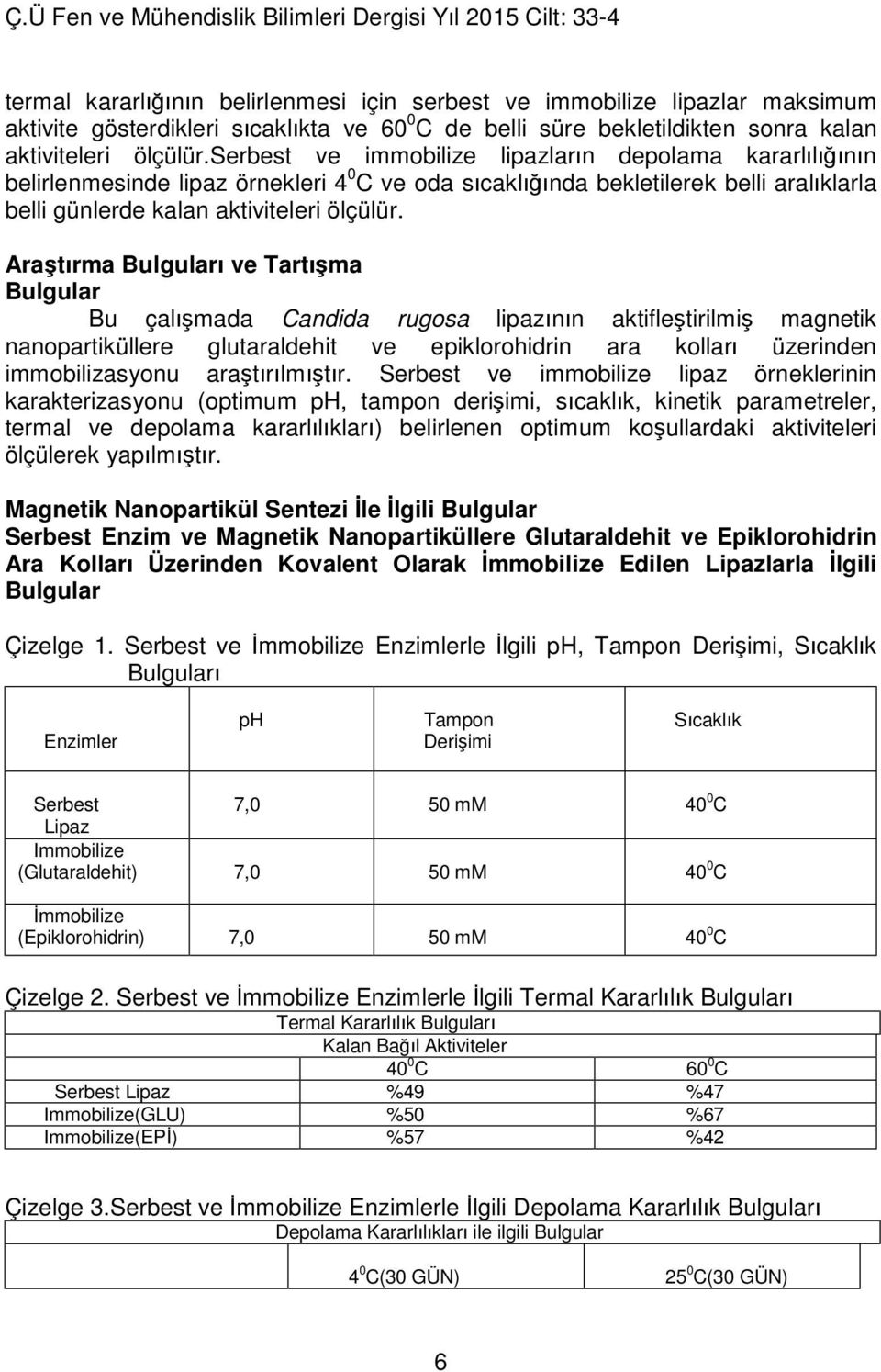 Araştırma Bulguları ve Tartışma Bulgular Bu çalışmada Candida rugosa lipazının aktifleştirilmiş magnetik nanopartiküllere glutaraldehit ve epiklorohidrin ara kolları üzerinden immobilizasyonu