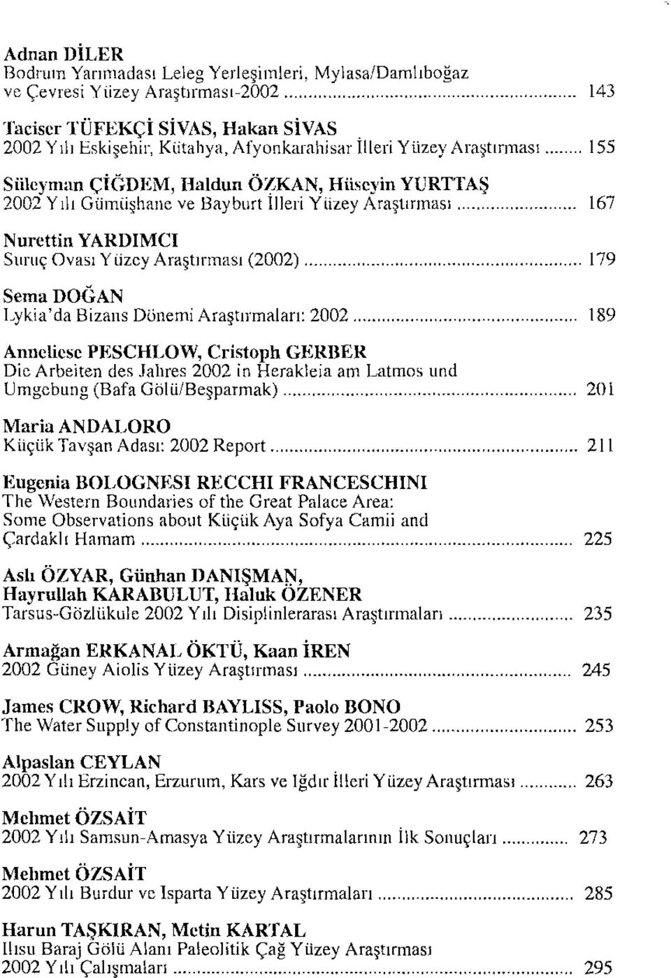 .. 155 Süleyman ÇİGDEM, Haldun Ö~KAN, Hüseyin YURTTAŞ 2002 Yılı Gümüşhaneve Bayburt ılleri Yüzey Araştırması 167 Nurettin YARDıMCı Suruç Ovası Yüzey Araştırması (2002) 179 Sema DOGAN Lykia'da Bizans