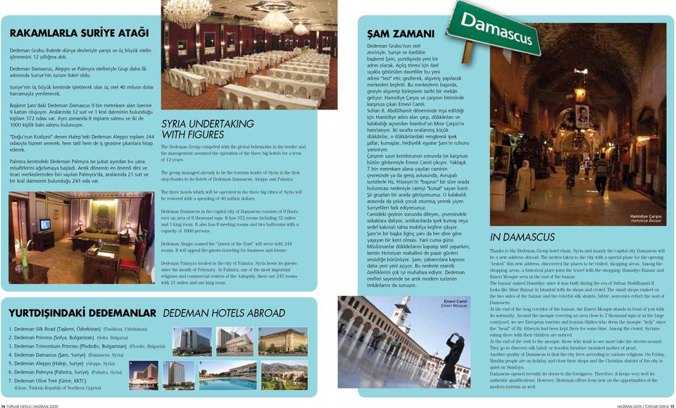 Başkent Şam daki Dedeman Damascus 9 bin metrekare alan üzerine 9 kattan oluşuyor. Aralarında 32 suit ve 1 kral dairesinin bulunduğu toplam 372 odası var.
