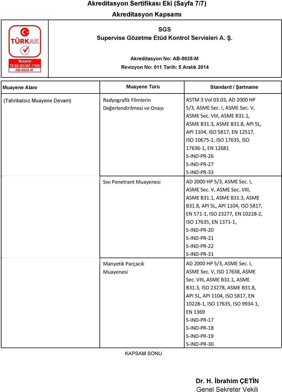 8, API 5L, API 1104, ISO 5817, EN 12517, ISO 10675-1, ISO 17635, ISO 17636-1, EN 12681 S-IND-PR-26 S-IND-PR-27 S-IND-PR-33 Sıvı Penetrant Muayenesi AD 2000 HP 5/3, ASME Sec. I, ASME Sec. V, ASME Sec.