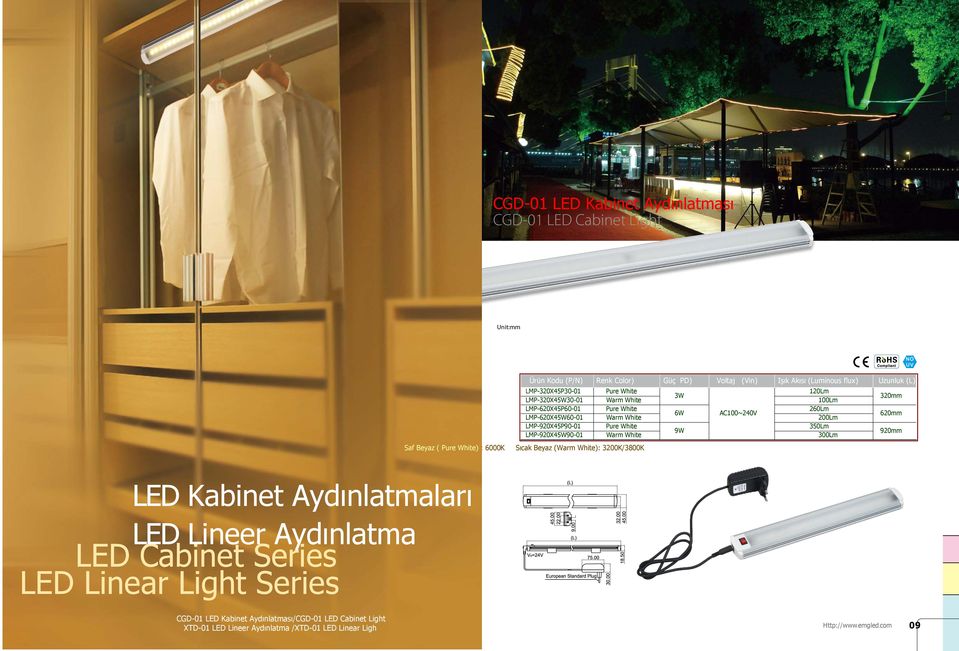 300Lm Uzunluk (L) 320mm 620mm 920mm Sıcak Beyaz (): 3200K/3800K LED Kabinet Aydınlatmaları LED Lineer Aydınlatma LED Cabinet