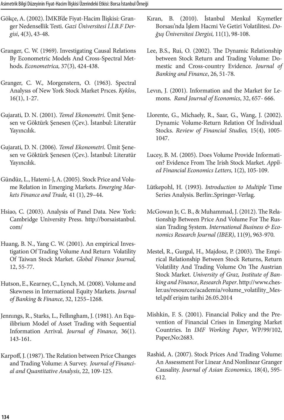 Spectral Analysıs of New York Stock Market Prıces. Kyklos, 16(1), 1-27. Gujarati, D. N. (2001). Temel Ekonometri. Ümit Şenesen ve Göktürk Şenesen (Çev.). İstanbul: Literatür Yayıncılık. Gujarati, D. N. (2006).