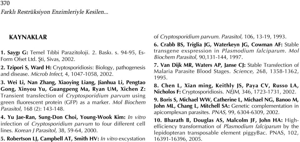 Wei Li, Nan Zhang, Xiaoying Liang, Jianhua Li, Pengtao Gong, Xinyou Yu, Guangpeng Ma, Ryan UM, Xichen Z: Transient transfection of Cryptosporidium parvum using green fluorescent protein (GFP) as a