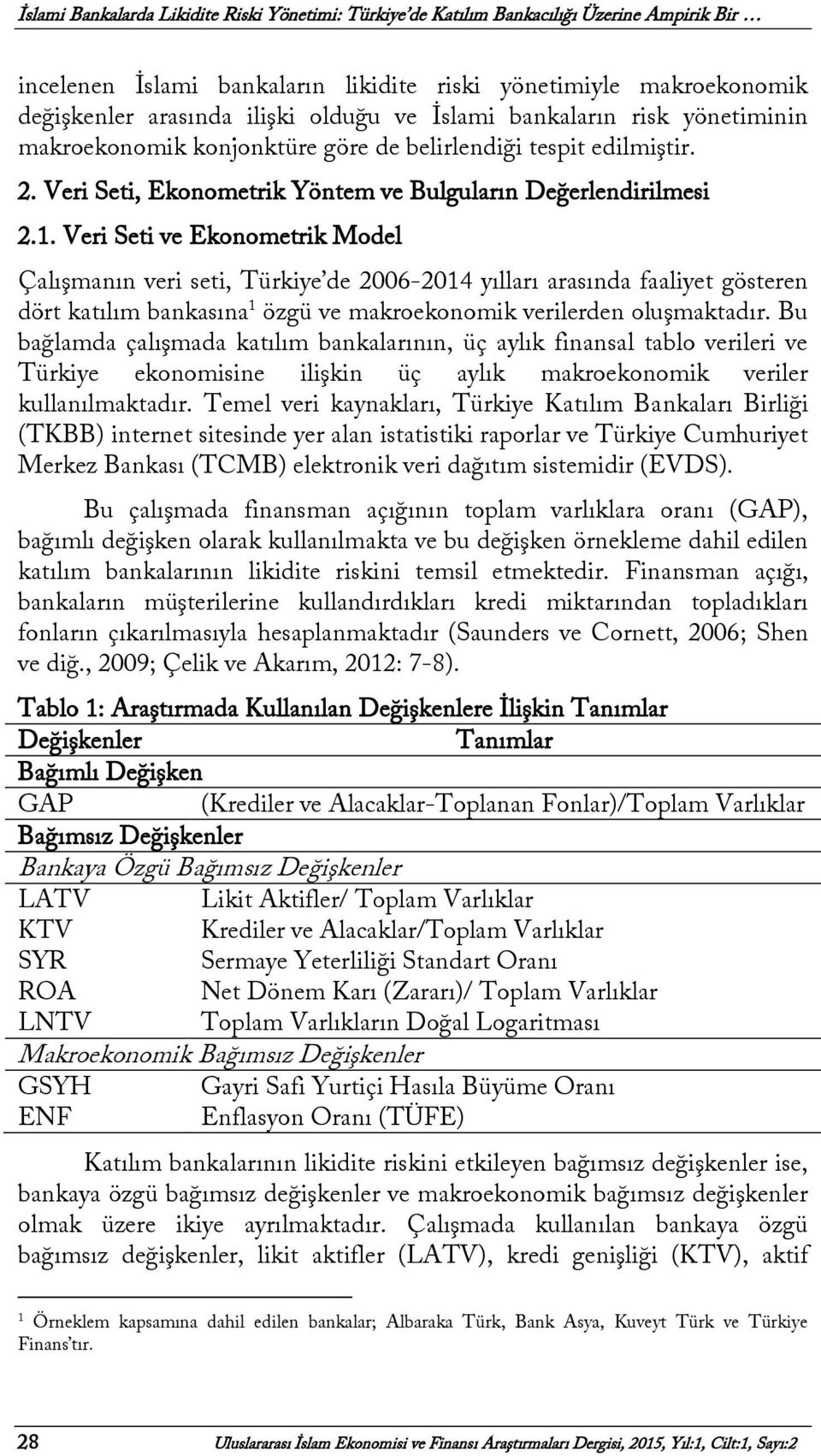 Veri Seti ve Ekonometrik Model Çalışmanın veri seti, Türkiye de 2006-2014 yılları arasında faaliyet gösteren dört katılım bankasına 1 özgü ve makroekonomik verilerden oluşmaktadır.