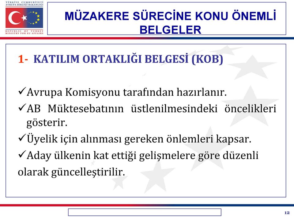 AB Müktesebatının üstlenilmesindeki öncelikleri gösterir.