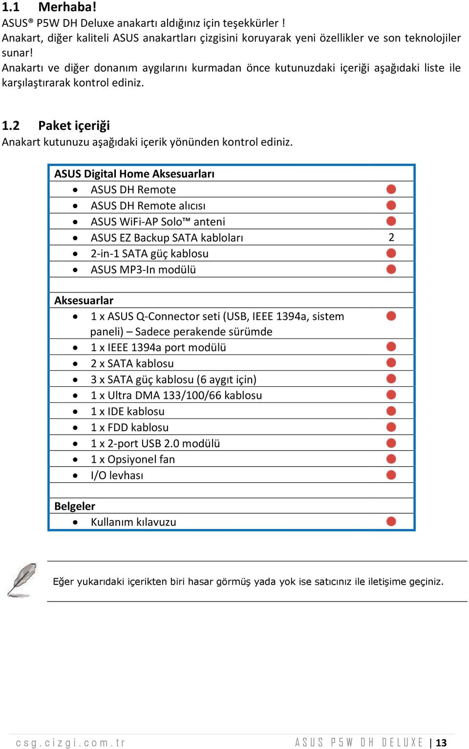 ASU S DigitalHom e Aksesuarları ASUS DH Remote ASUS DH Rem ote alıcısı ASUS WiFi-AP Solo anteni ASUS EZ Backup SATA kabloları 2 2-in-1 SATA güç kablosu ASUS MP3-In m odülü Aksesuarlar 1 x ASUS