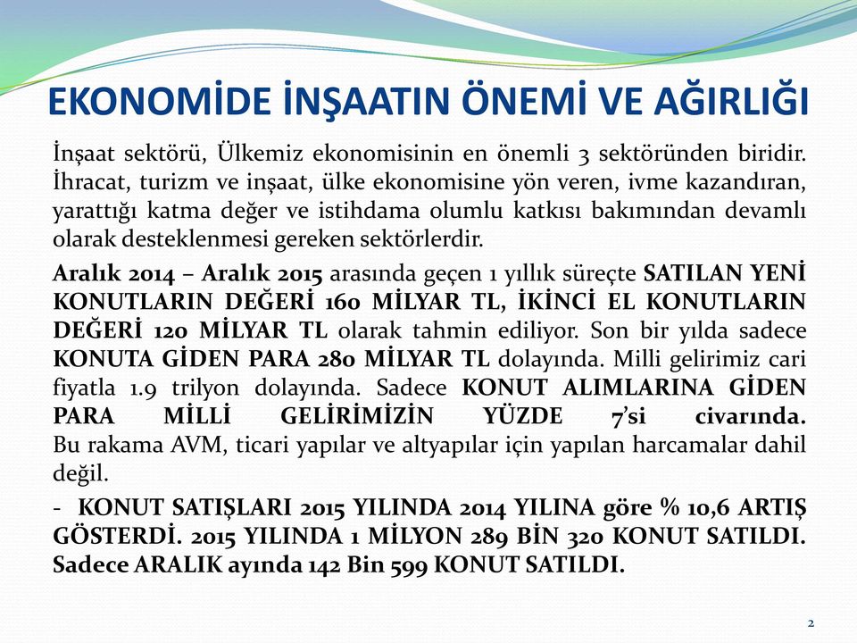 Aralık 2014 Aralık 2015 arasında geçen 1 yıllık süreçte SATILAN YENİ KONUTLARIN DEĞERİ 160 MİLYAR TL, İKİNCİ EL KONUTLARIN DEĞERİ 120 MİLYAR TL olarak tahmin ediliyor.